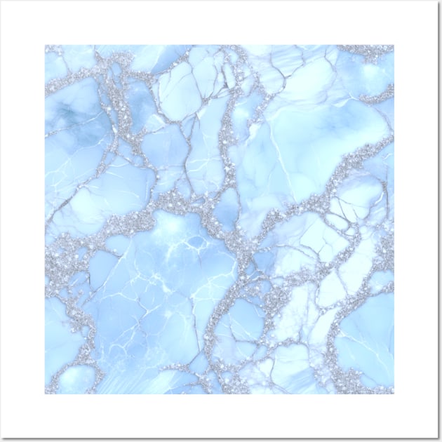 Icy Blue Marble With Silver Glitter Wall Art by Sonja818